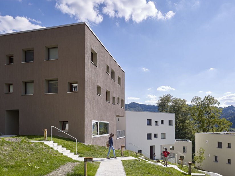 Wohnwürfel am Waldrand: Eckloggien und liegende Fenster markieren die Gemeinschaftsräume.
