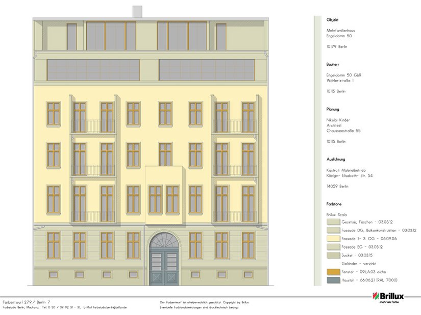 Farbentwurf aus dem Brillux Farbstudio in Berlin. Das helle Grau des Erdgeschosses unterstützt farblich die Steinanmutung der Bossierung. Das helle Sandgelb des 1. bis 3. Obergeschosses wird so optisch eingefasst.