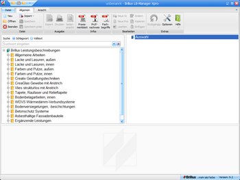 <p>Die übersichtliche Oberfläche des LB-Managers Xpro: In Themenbereiche gegliedert stehen links alle Stammdaten der Brillux Leistungsbeschreibungen zur Verfügung.</p>
