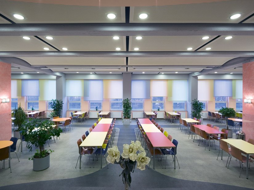 Betriebsrestaurant Halle 3 Nord: Die Mittelstützen gliedern den Raum und wurden als Gestaltungselement mit Brillux Creativ Algantico 70 in weichem Terracotta repräsentativ herausgearbeitet.